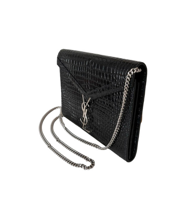 YSL Croc Embossed Patent Leather Cassandra Wallet on Chain