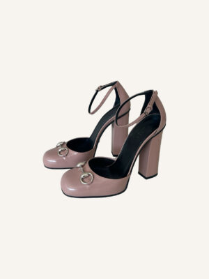 Gucci Patent Leather Horsebit Ankle Strap Pumps (Size 38)