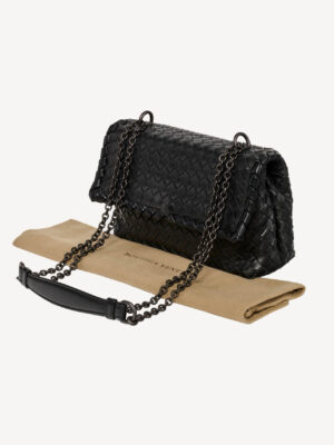 Bottega Veneta Nappa Intrecciato Olimpia shoulder bag in black leather with signature woven design