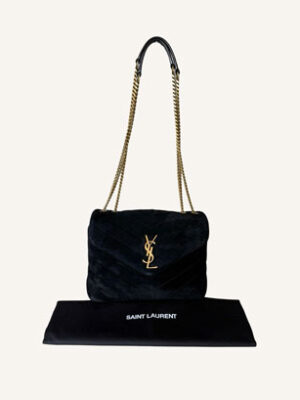 Yves Saint Laurent Suede Loulou bag in black with chevron quilting and YSL monogram