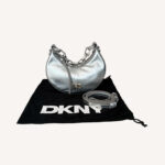 DKNY Les Mini metallic silver shoulder bag with logo, chain handle and adjustable strap