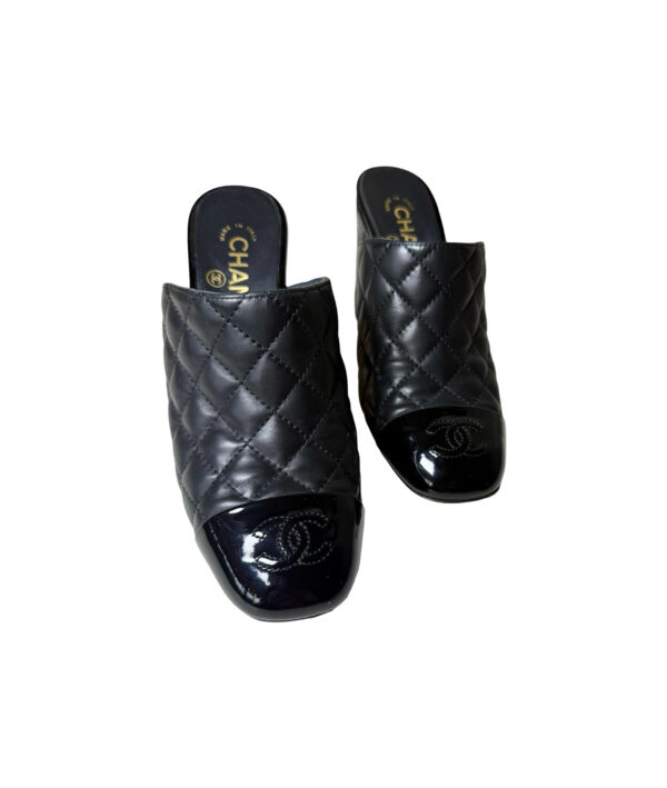 Chanel Black Quilted Leather CC Cap Toe Mules (Size 37.5)
