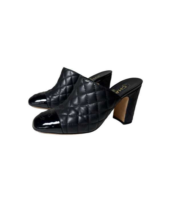 Chanel Black Quilted Leather CC Cap Toe Mules (Size 37.5)