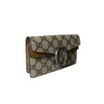 Designer Gucci mini crossbody bag in beige GG canvas with silver chain strap