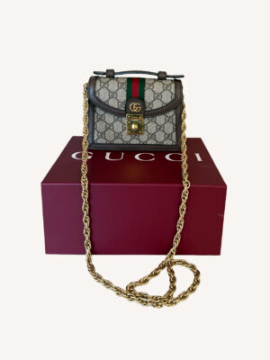 Gucci Ophidia Mini Top Handle Bag in beige and ebony GG Supreme canvas with brown leather trim and gold-toned hardware