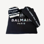 Luxury Balmain logo blanket with matching hat and leggings set for newborns
