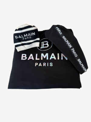 Luxury Balmain logo blanket with matching hat and leggings set for newborns