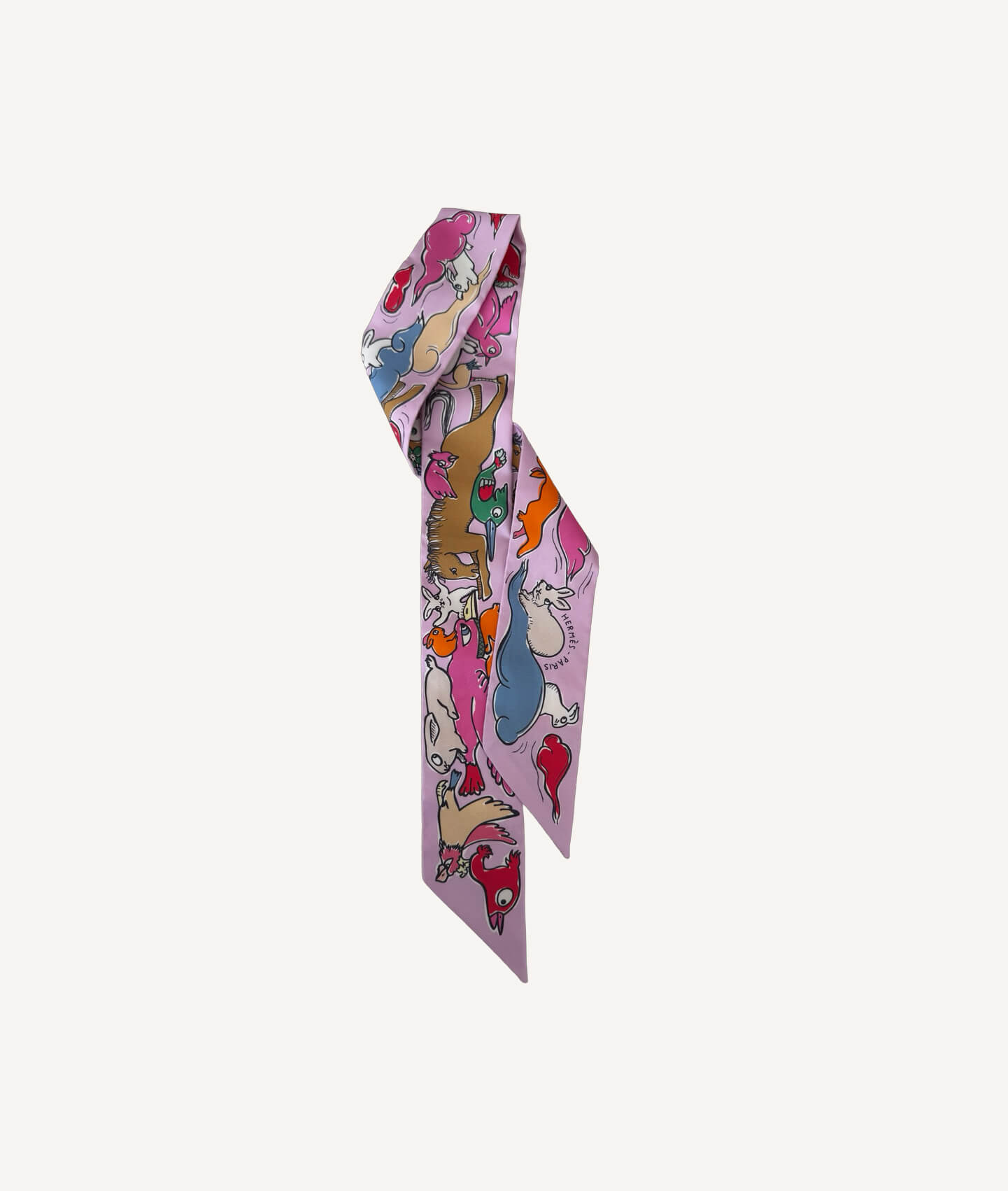 Hermès Mille et un Lapins Twilly scarf in purple and camel silk with playful rabbit design