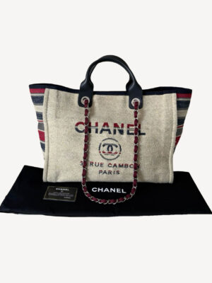 Chanel Deauville Tote bag in canvas with chain leather shoulder straps and CC logo embroidery