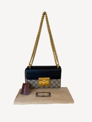 Gucci Padlock Small Shoulder Bag in beige/ebony GG Supreme canvas with black leather top, gold padlock detail and sliding chain strap