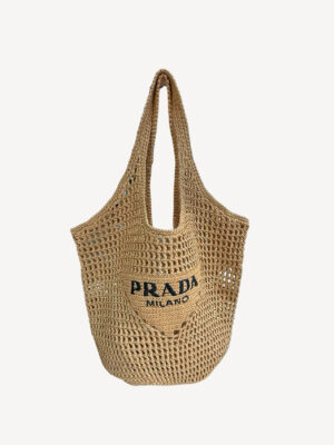 Beige Prada Woven Raffia Tote with Black Logo and Twin Handles