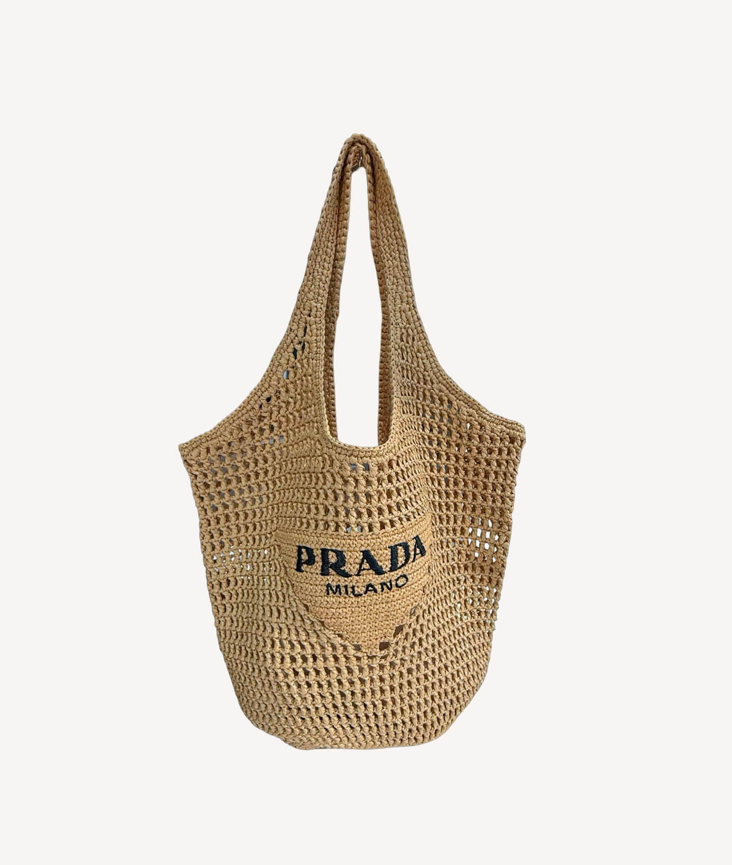 Beige Prada Woven Raffia Tote with Black Logo and Twin Handles
