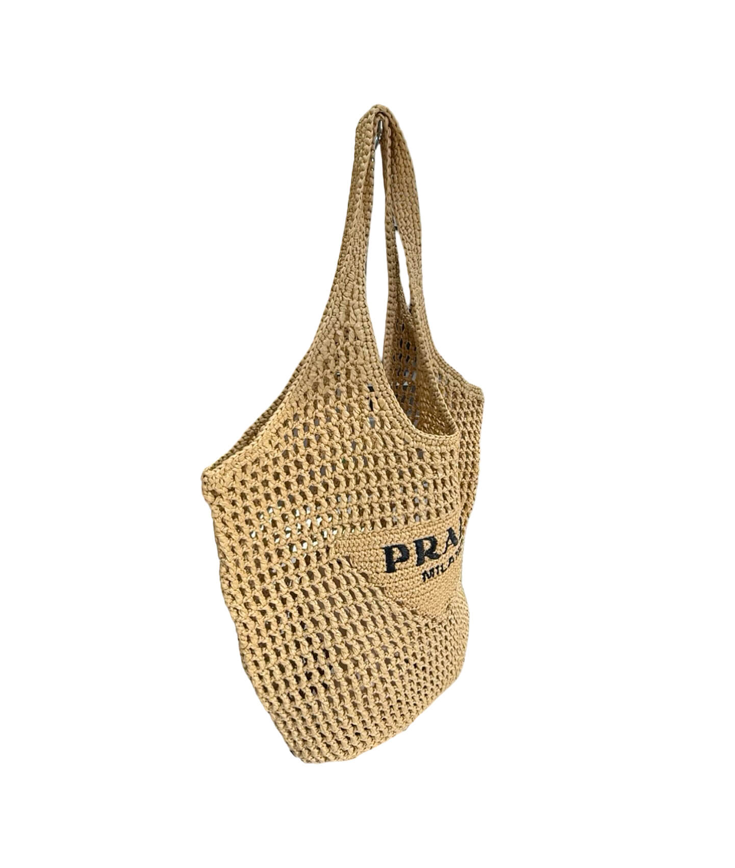 Luxury Prada Summer Raffia Beach Tote Bag on Neutral Background