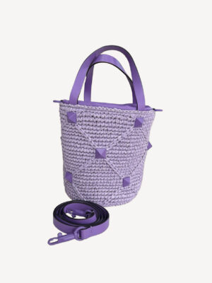 Valentino Roman Stud Bucket Bag in Mauve Raffia and leather interior