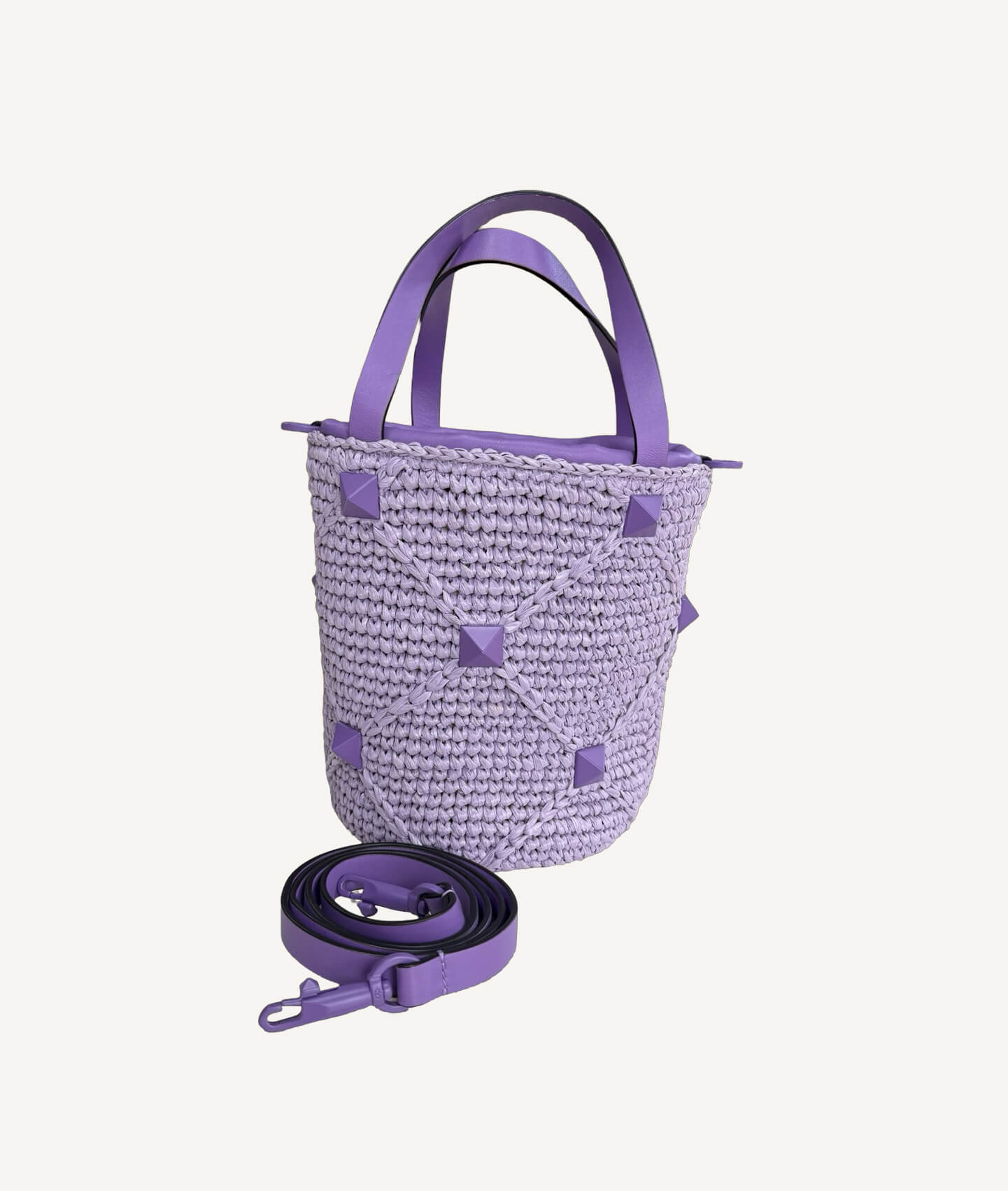 Valentino Roman Stud Bucket Bag in Mauve Raffia and leather interior
