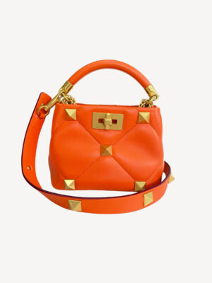 Orange Valentino Roman Stud Top Handle Bag with Gold Hardware