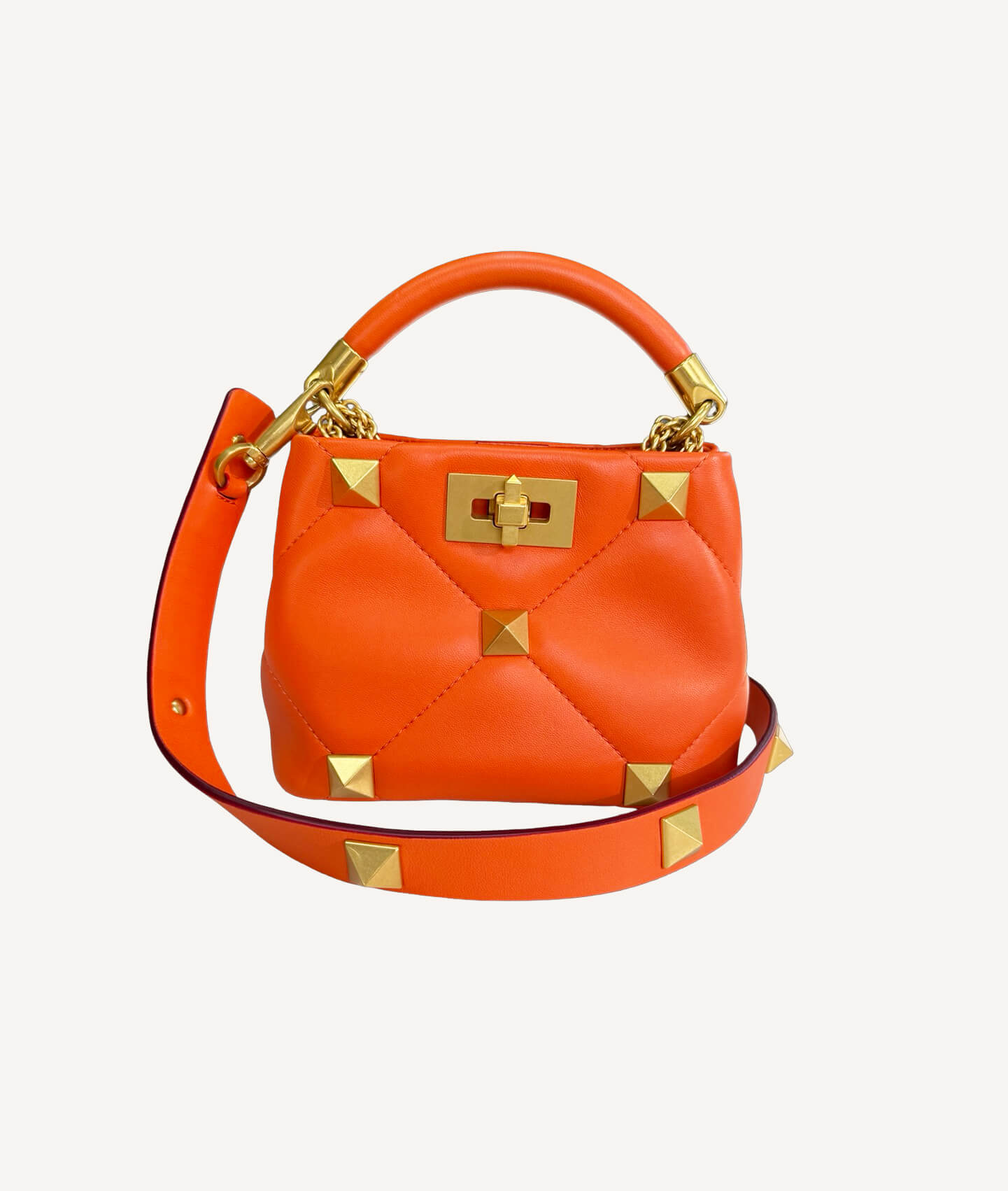 Orange Valentino Roman Stud Top Handle Bag with Gold Hardware