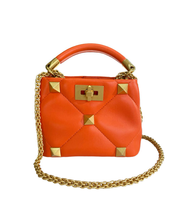 Orange Valentino Roman Stud Top Handle Bag with Gold Hardware