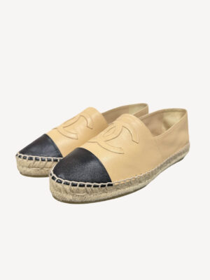 Chanel Beige and Black Leather Espadrilles with CC Logo on Toe Cap