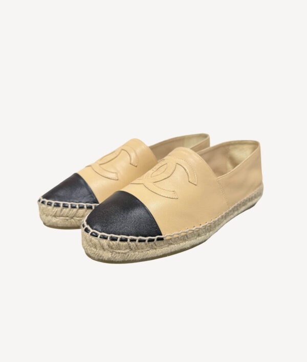 Chanel Beige and Black Leather Espadrilles with CC Logo on Toe Cap