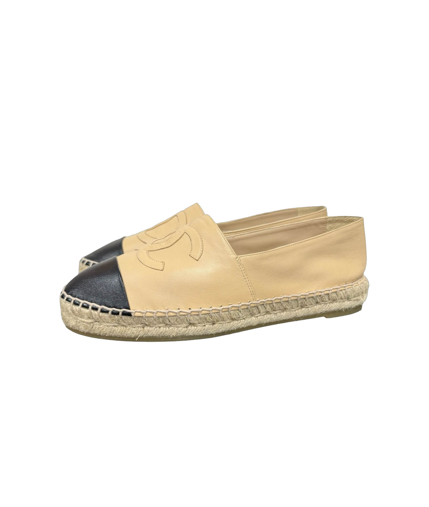 Chanel Beige and Black Leather Espadrilles with CC Logo on Toe Cap