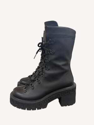 Versace Greca Platform Combat Boots in Black Leather with Chunky Sole