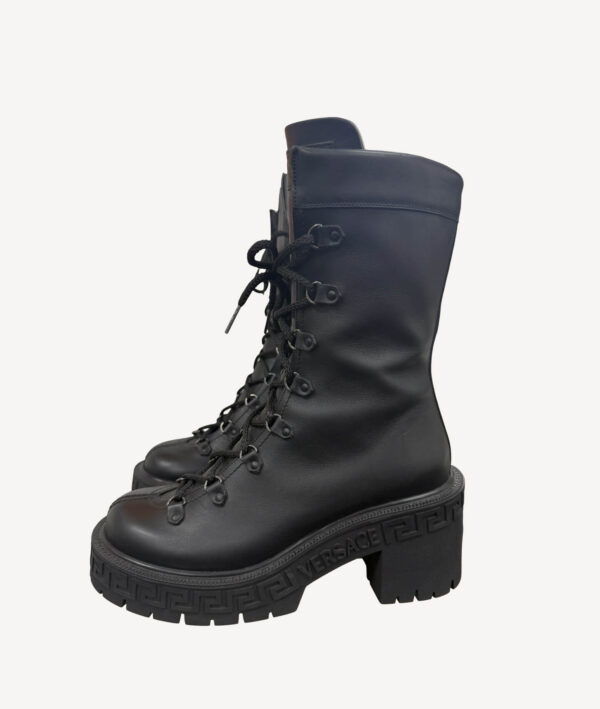 Versace Greca Platform Combat Boots in Black Leather with Chunky Sole