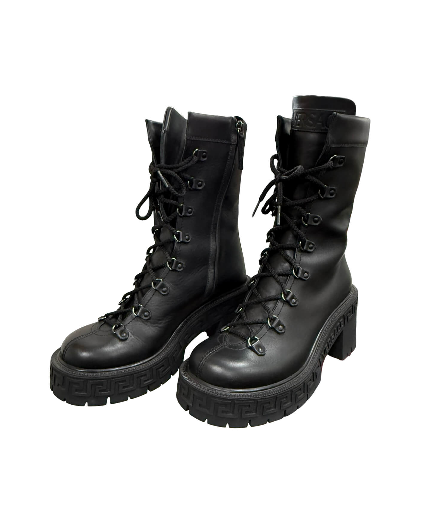 Versace Greca Platform Combat Boots in Black Leather with Chunky Sole