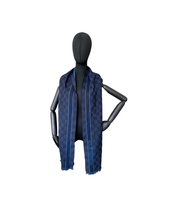 Luxury Louis Vuitton fringe scarf in Damier motif with red and white stripe detail