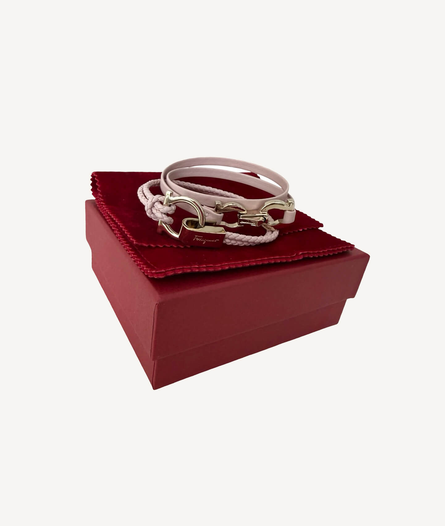 Salvatore Ferragamo pale pink leather wrap bracelets with silver-tone Gancini hardware
