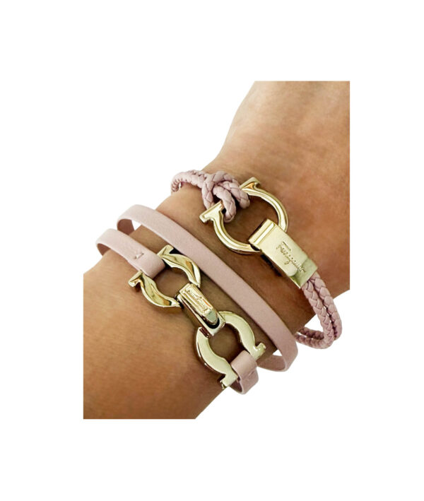 Authentic Salvatore Ferragamo pink leather double wrap bracelet set with signature hardware