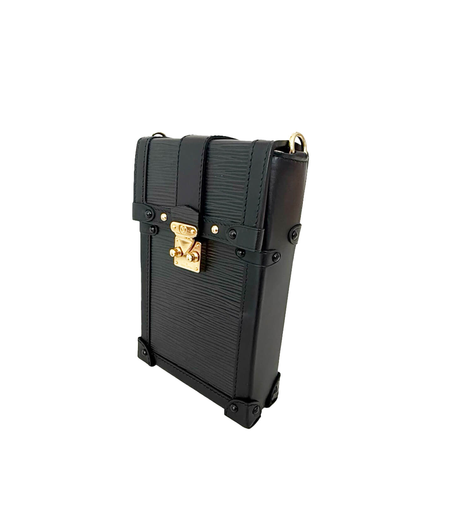 Authentic Louis Vuitton Vertical Trunk Pochette in textured black Epi leather crossbody