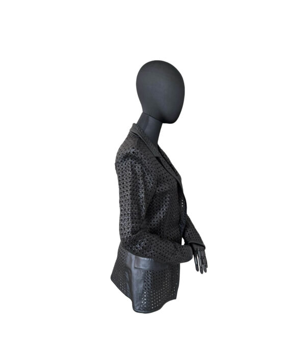 High-fashion Versace woven leather jacket with structured silhouette