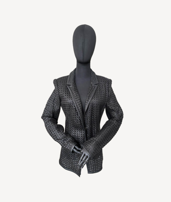 Versace black woven leather jacket with tailored lapel and luxury craftsmanship
