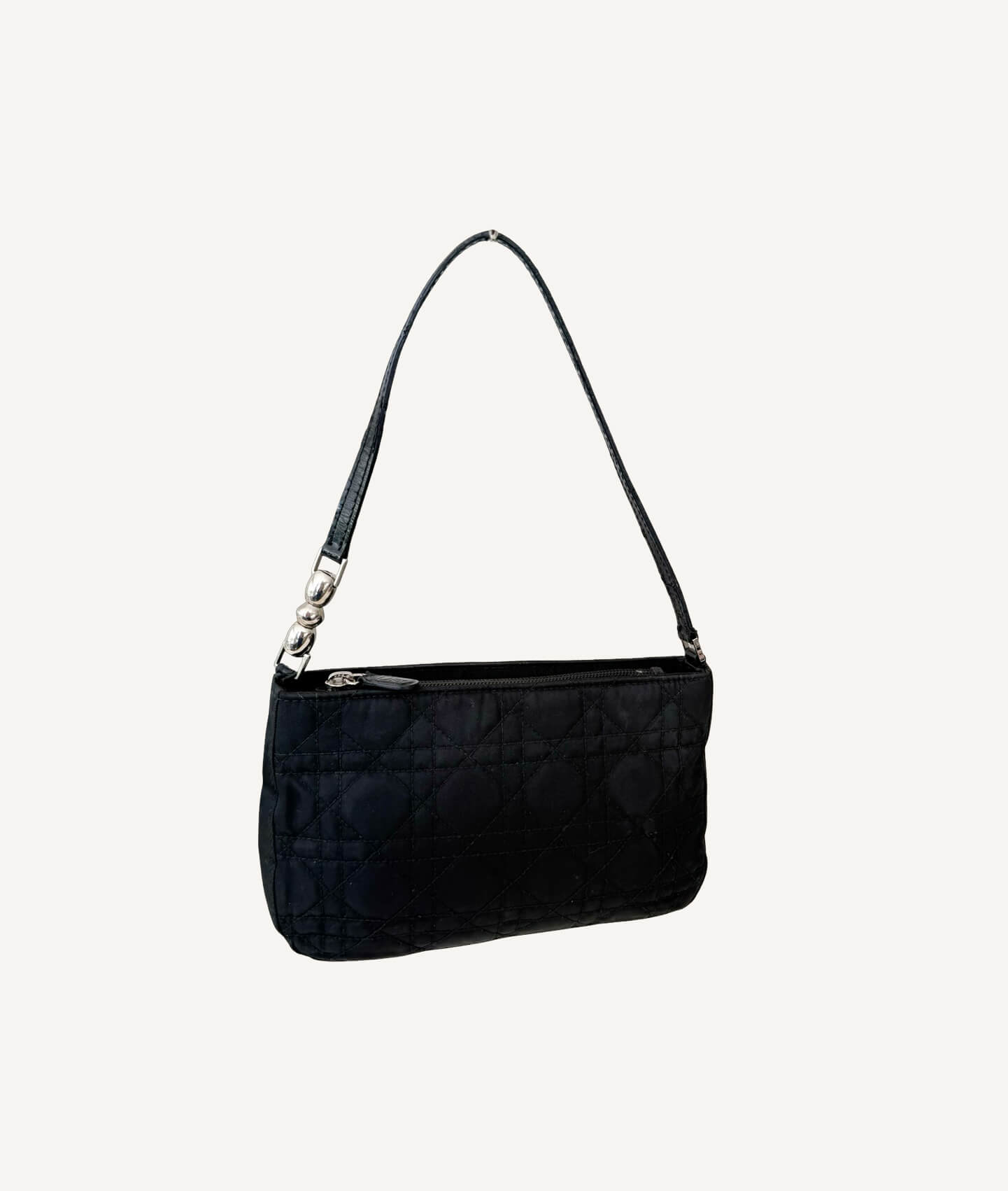 Christian Dior Black Nylon Quilted Pouch with Silver Hardware and Shoulder Strap