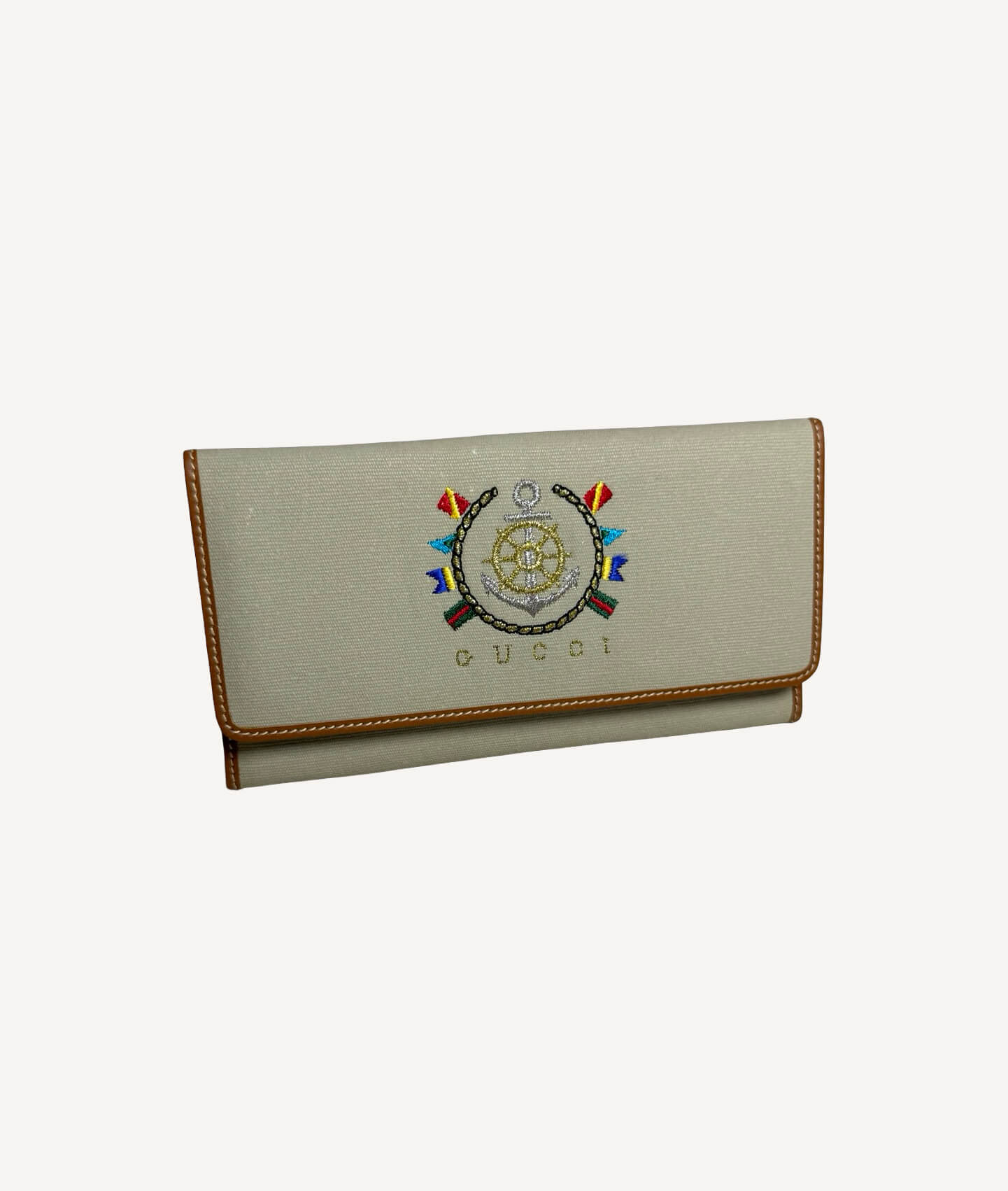 Gucci nautical themed beige canvas wallet with embroidered crest details