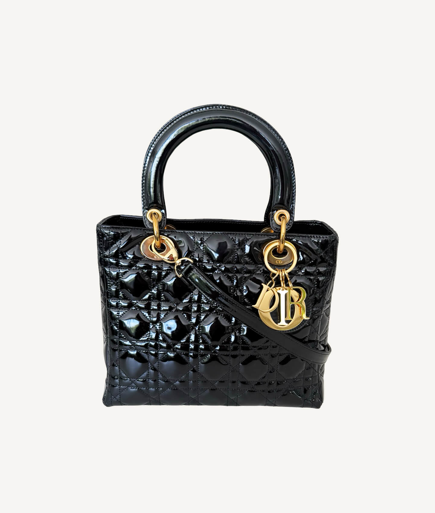 Christian Dior Lady Dior Medium Bag in Black Patent Leather with Gold Hardware
