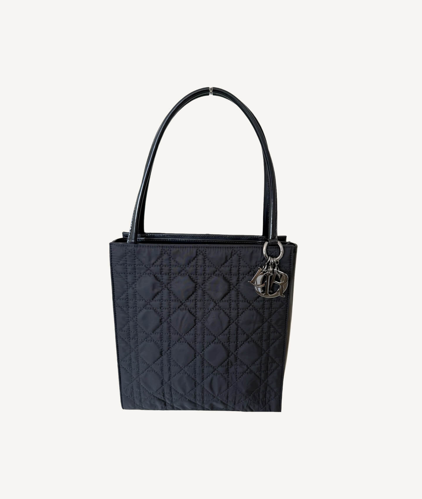Christian Dior Lady Dior Cannage Handbag in Black Nylon with Silver Hardware and Logo Charms