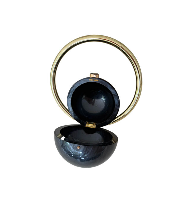 Authentic Cult Gaia Mina Top Handle acrylic bag in glossy black with gold hardware — chic structured evening accessory.