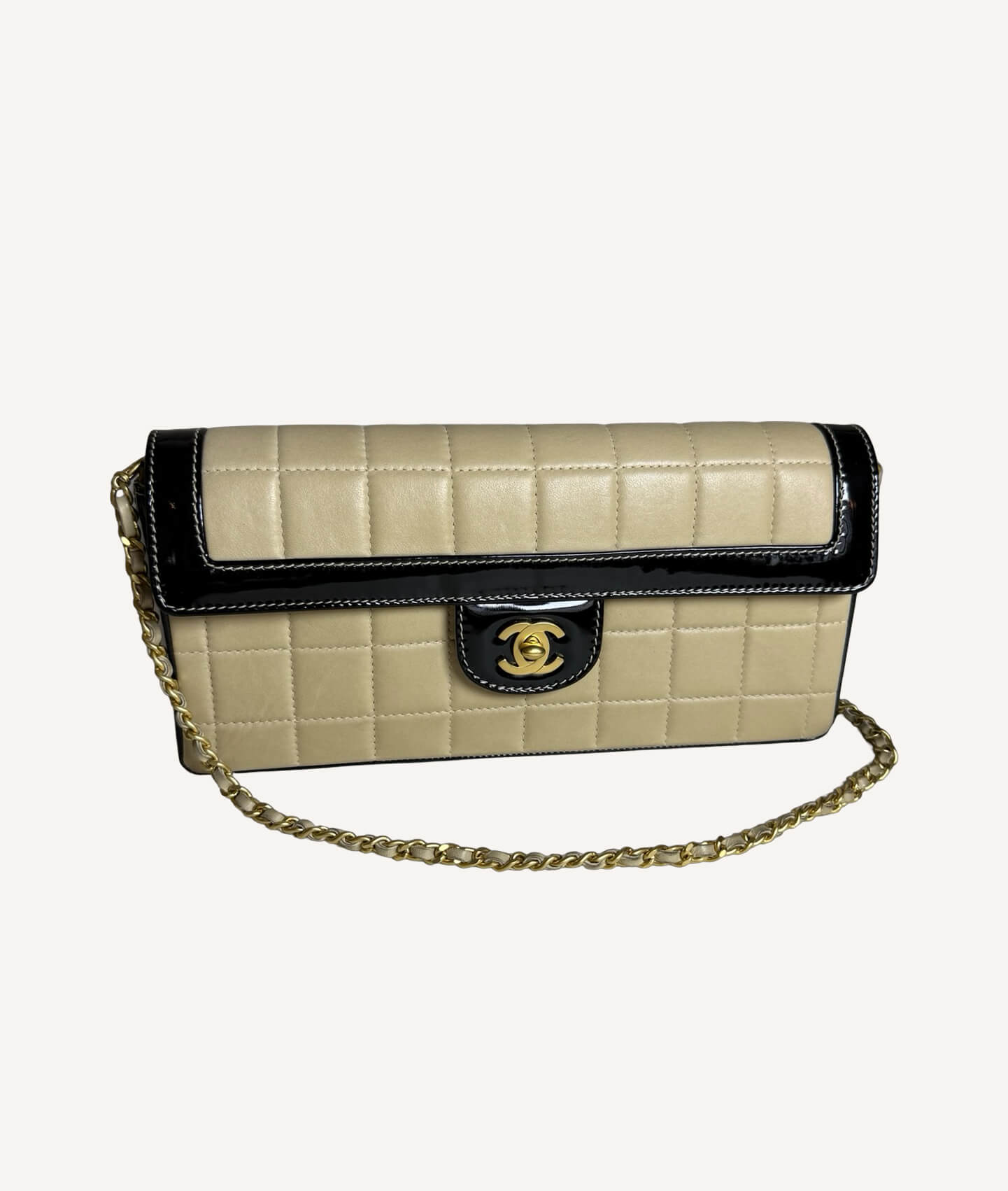 Small Chanel Chocolate Bar East West Flap Bag in Beige Quilted Leather with Black Trim and Gold Hardware
