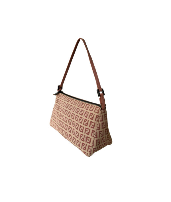 Fendi FF logo monogram canvas bag with pink leather strap and zip closure