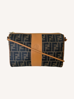 Fendi Zucca Crossbody Bag in Brown Canvas with Tan Leather Trim and FF Monogram Pattern
