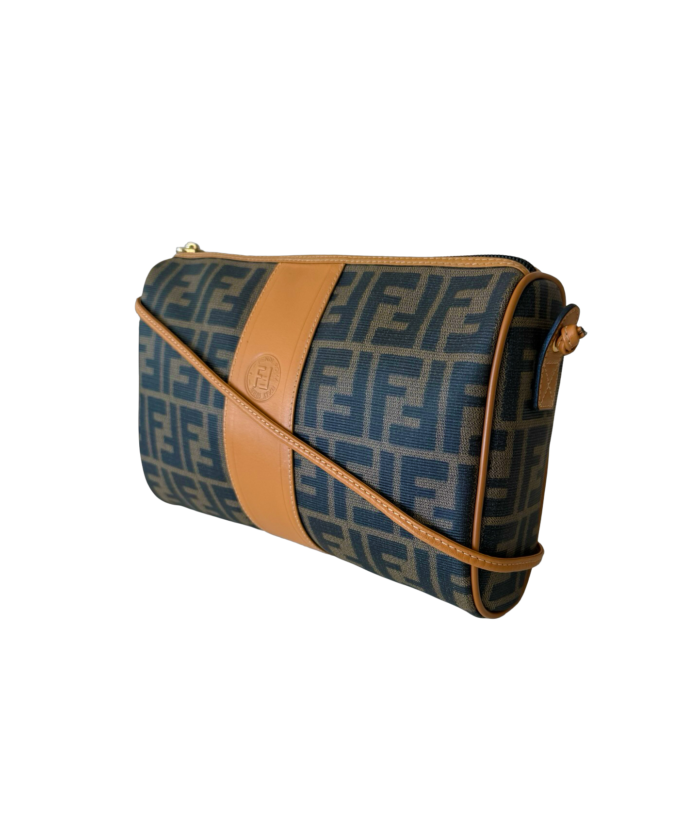 Fendi Brown Monogram Canvas Crossbody with Tan Leather Stripe and Strap