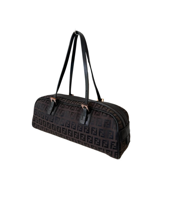 Fendi Brown Zucchino Logo Top Handle Bag in Canvas and Leather with Zip Closure