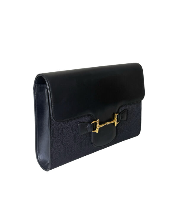 Gucci Horsebit Shoulder Bag in Black Leather with Gold Hardware and Embossed GG Pattern