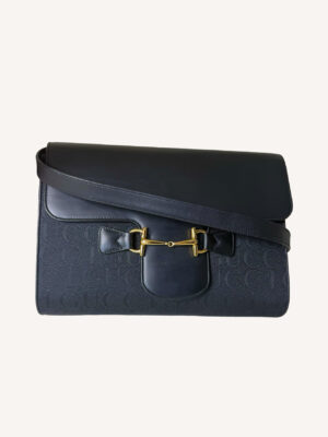 Gucci Horsebit Shoulder Bag in Black Leather with Gold Hardware and Embossed GG Pattern