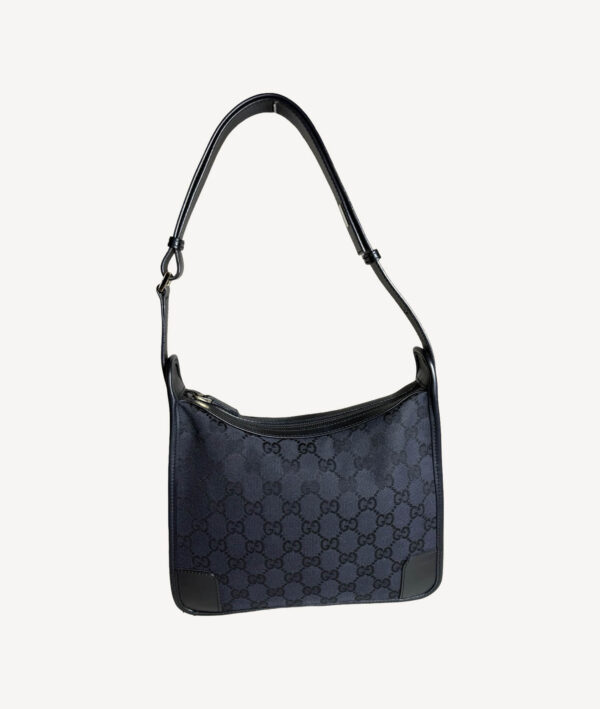Gucci black GG canvas and leather shoulder bag with leather strap and zip closure