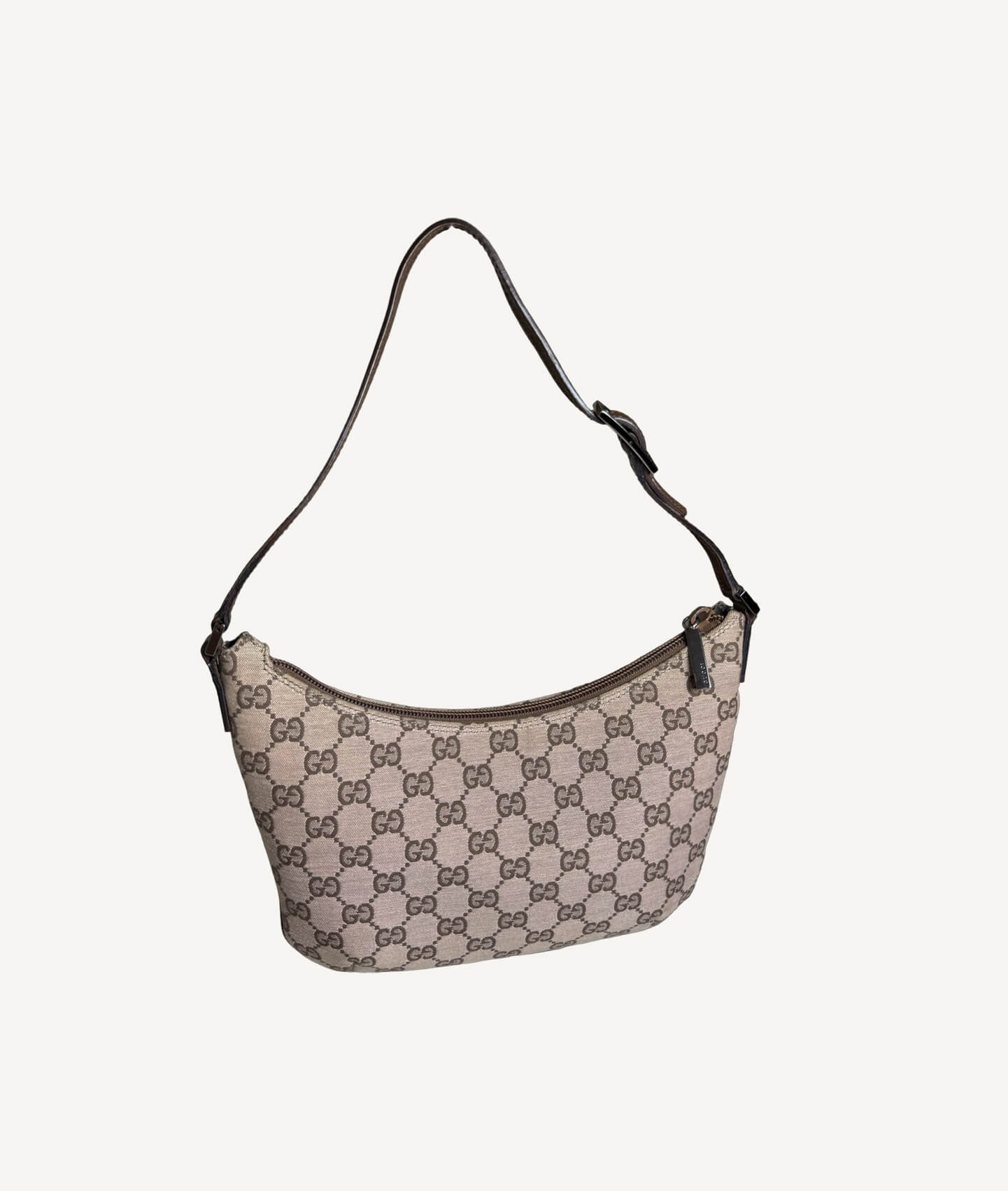 Gucci GG canvas half moon pochette shoulder bag in beige with brown leather trim