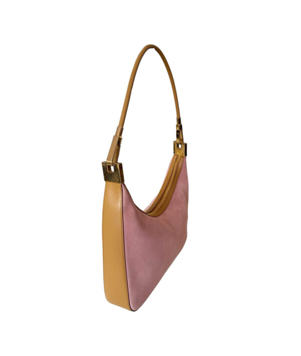 Gucci pink suede handbag featuring gold-tone accents and a structured hobo silhouette