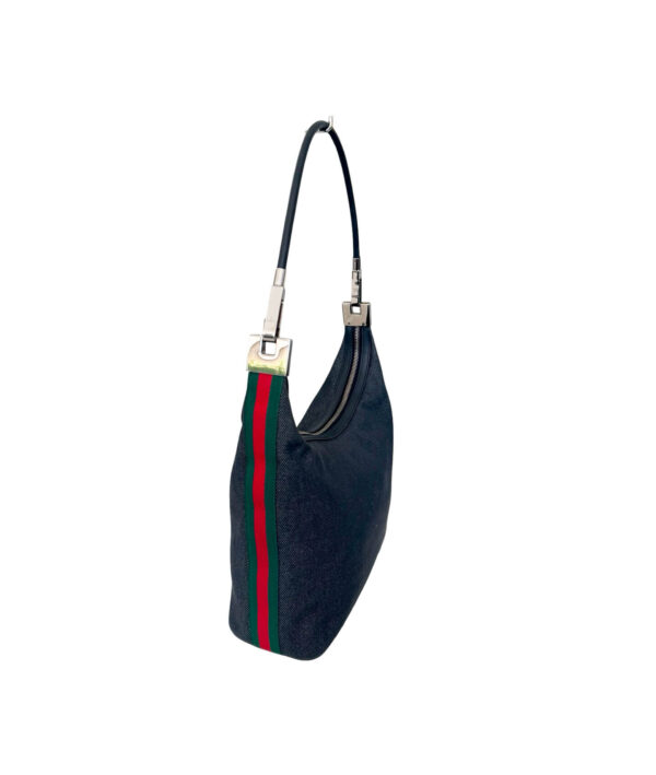 Gucci Small Denim Hobo Bag with Signature Red-Green Web Design and Silver Clasp